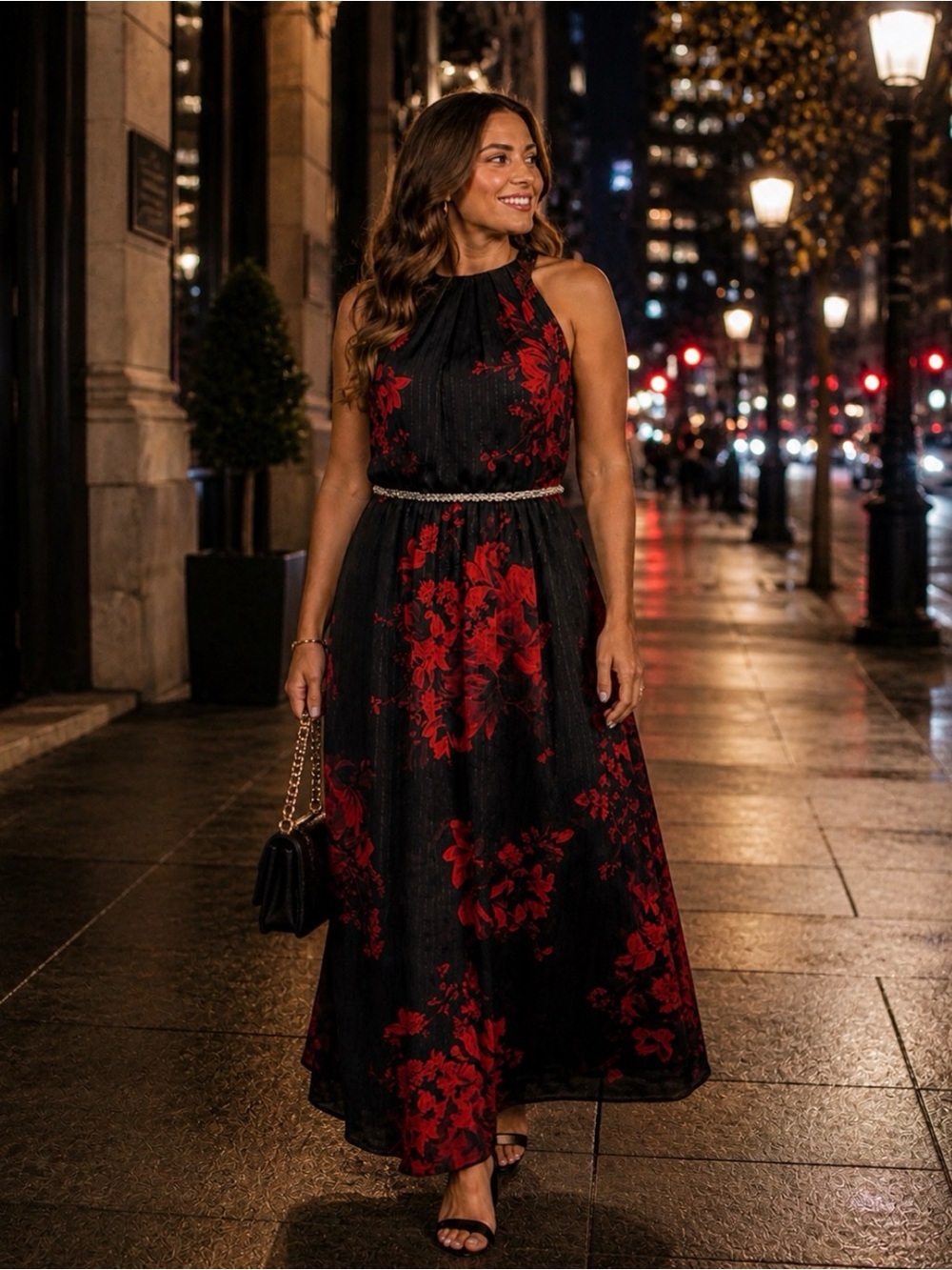 Elegant Ignite Evenings Black and Red Floral Maxi Dress
